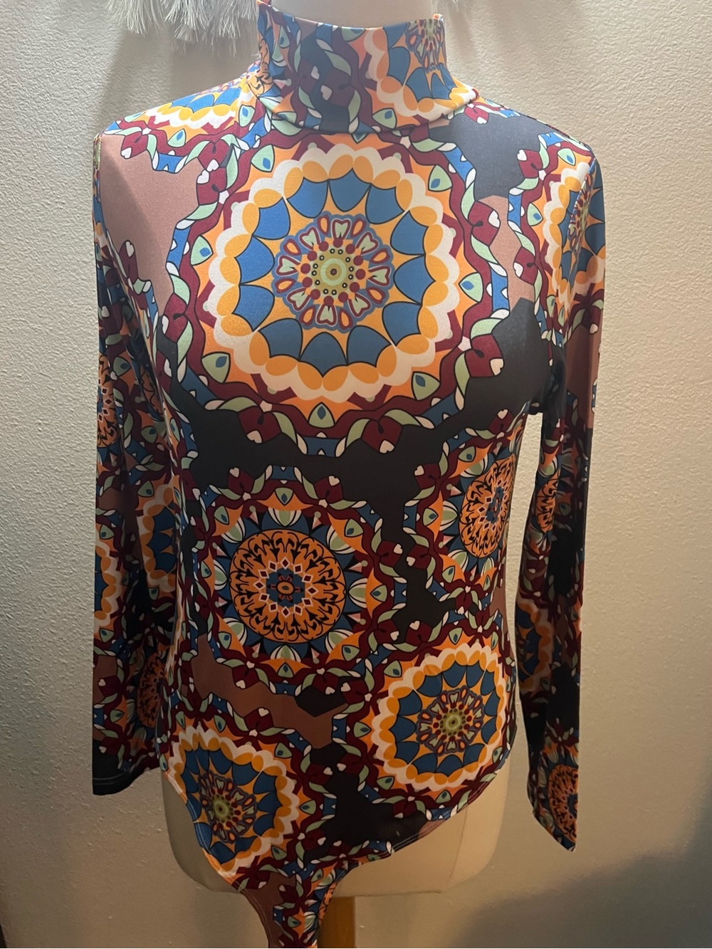 Mango Multicolor Geo-Print Mock Neck Bodysuit
